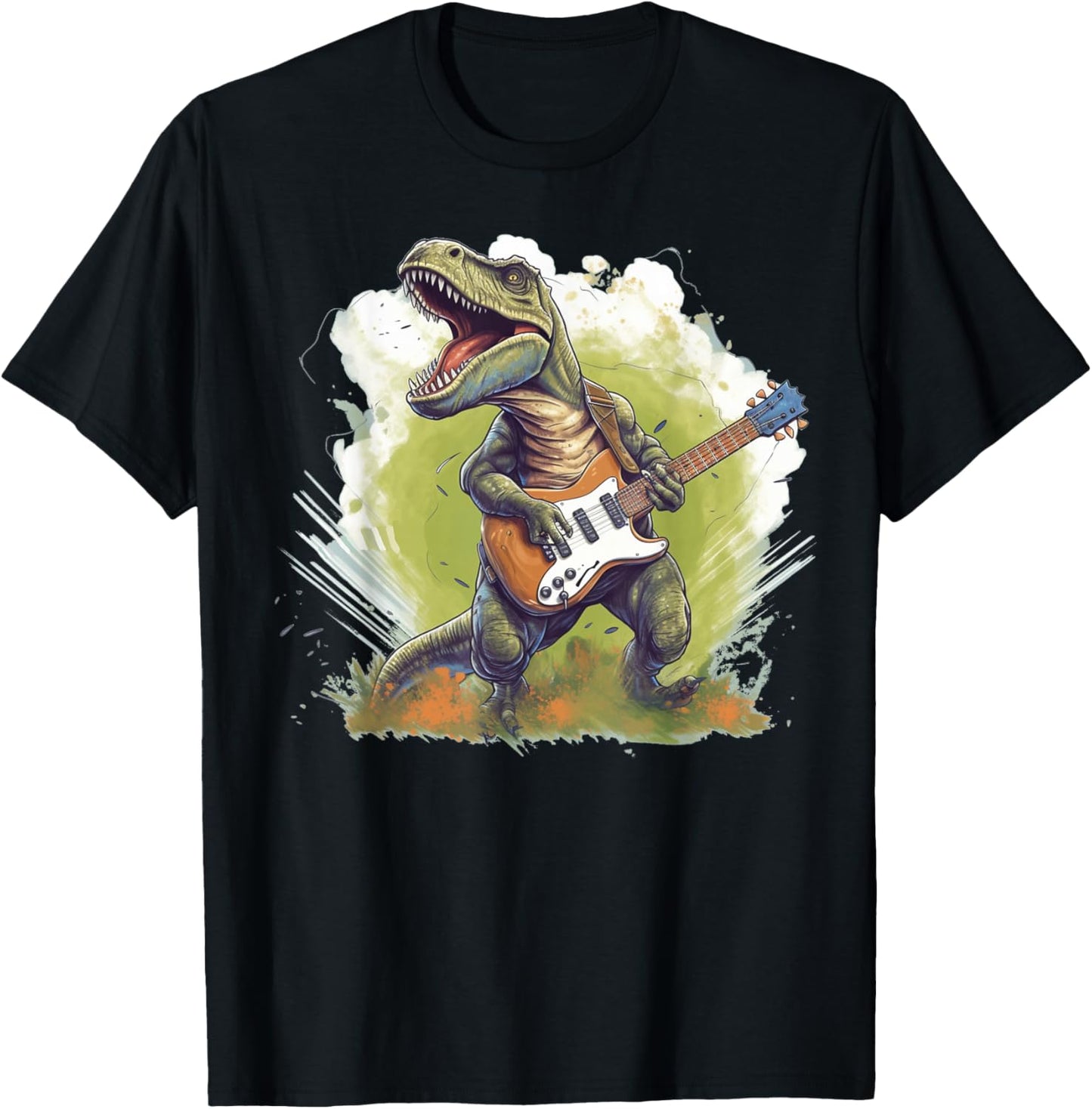 Funny T Rex Dinosaurs with Cool Electric Guitar T-Shirt - T-Shirt | Black