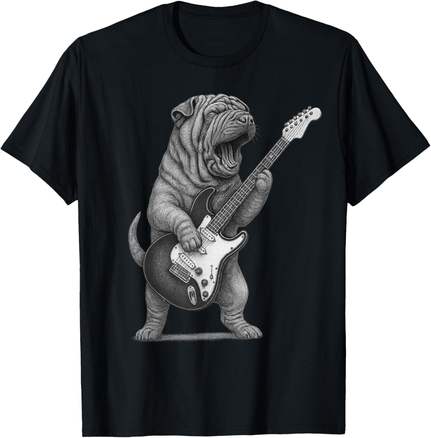 Shar Pei Playing Guitar Rock Music Dog Lovers T-Shirt - T-Shirt | Black