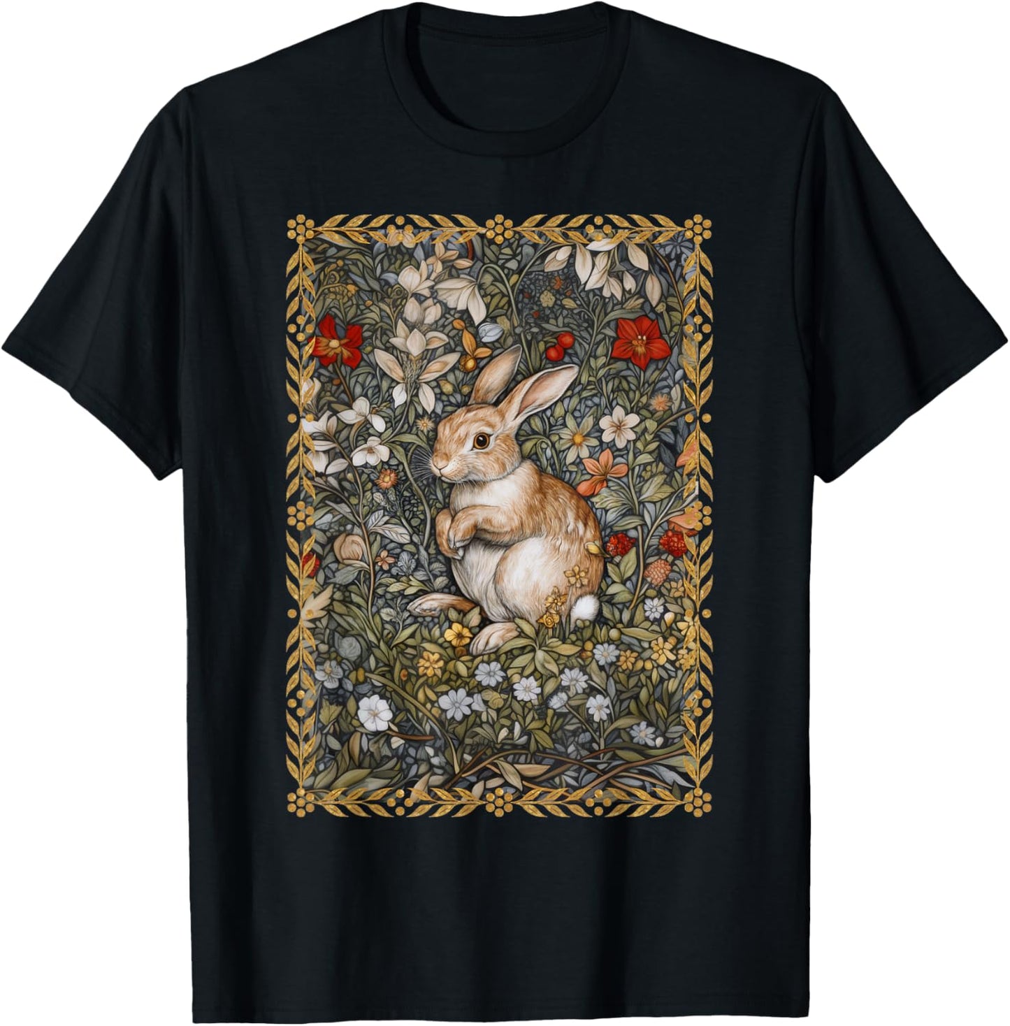 Rabbit in a William Morris Style Flower Garden T-Shirt - T-Shirt | Black