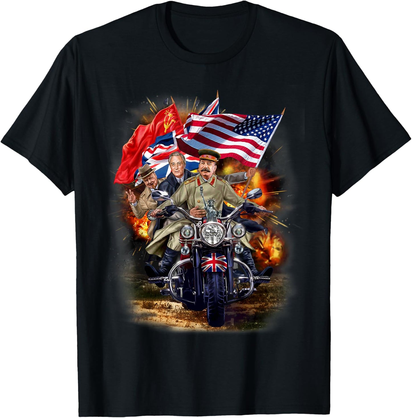 Churchill, Roosevelt and Stalin Riding Motorcycle During WW2 T-Shirt - T-Shirt | Black