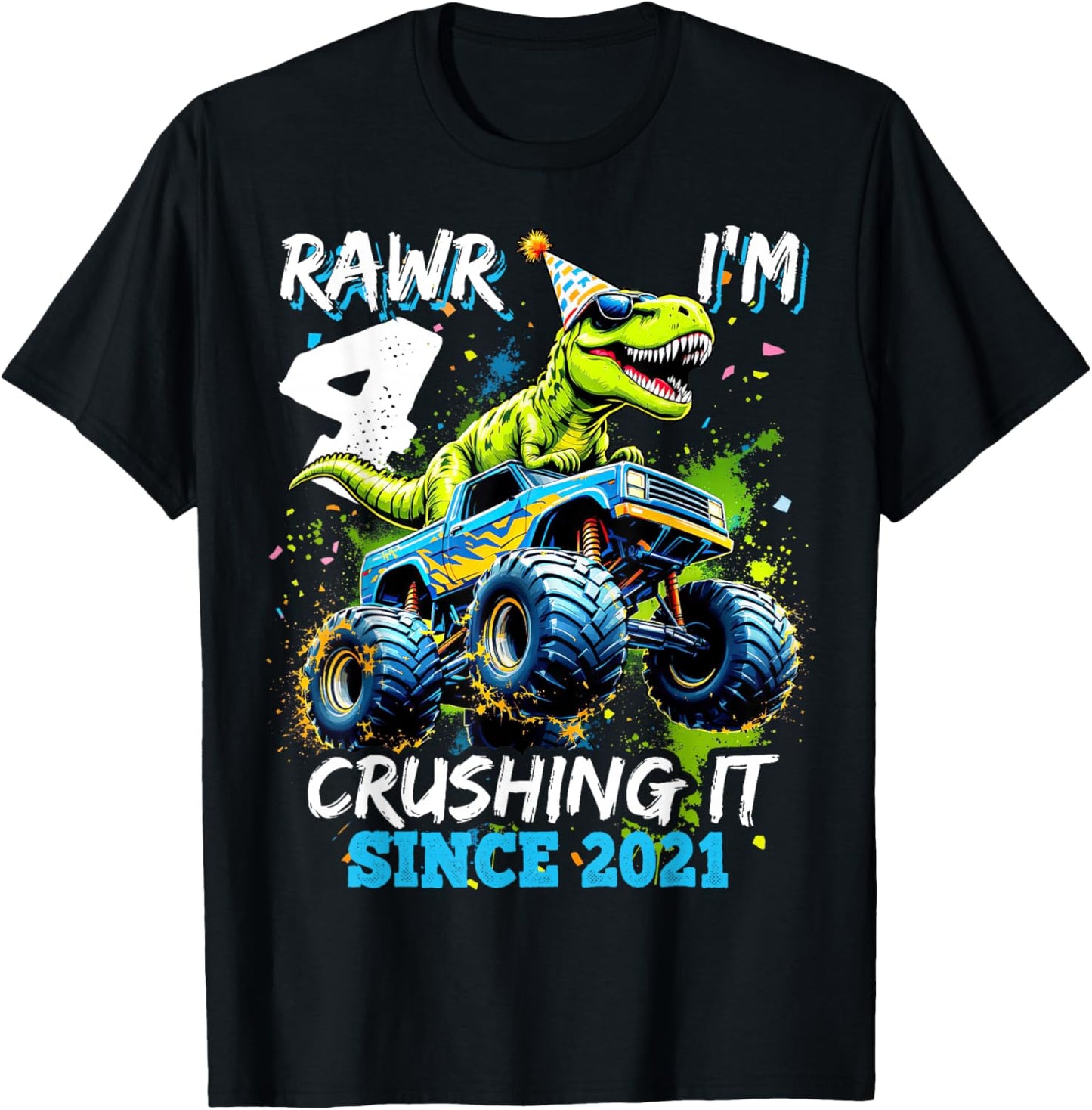 4th Birthday Monster Truck Dinosaur Party Boys Rawr I'm 4 T-Shirt - T-Shirt | Black
