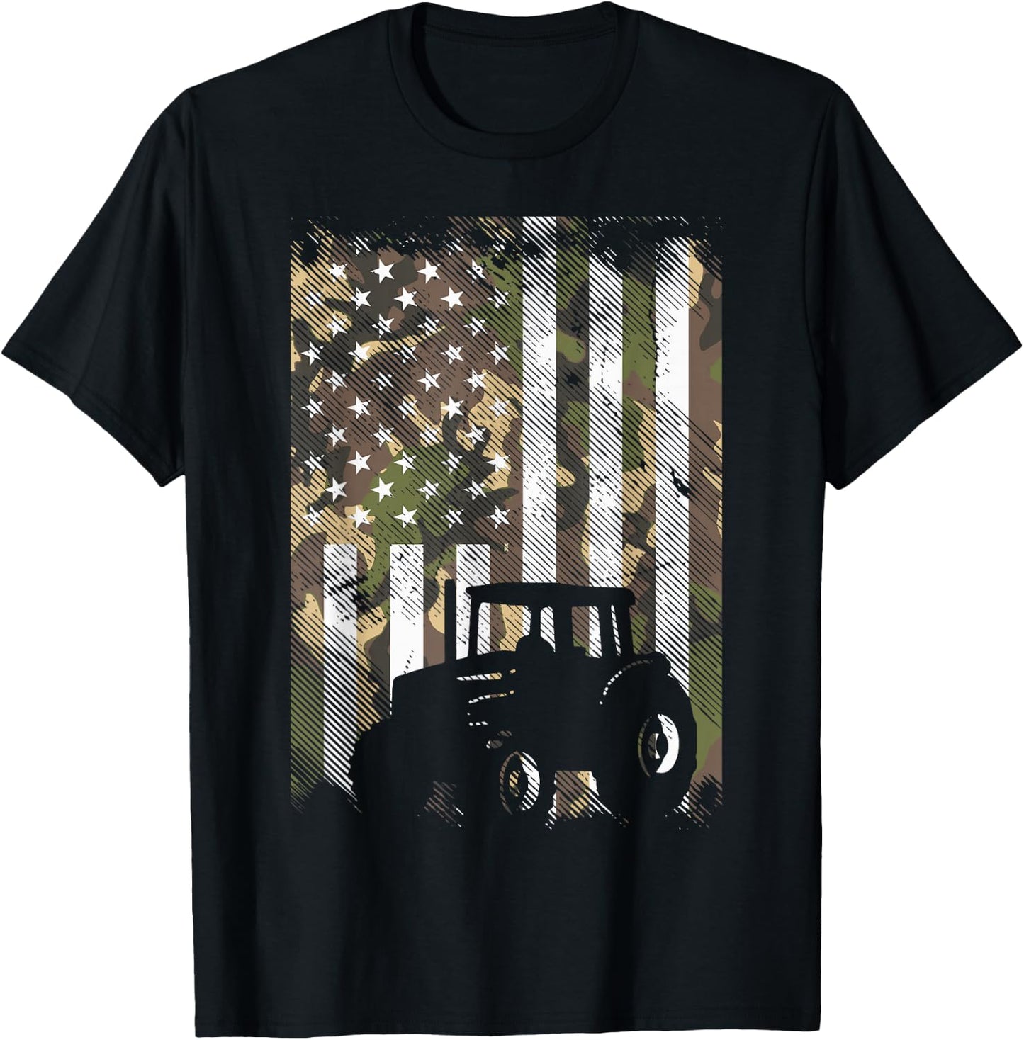 Camo Flag Tractor Vintage Farm Truck Patriotic Farmer Gift T-Shirt - T-Shirt | Black