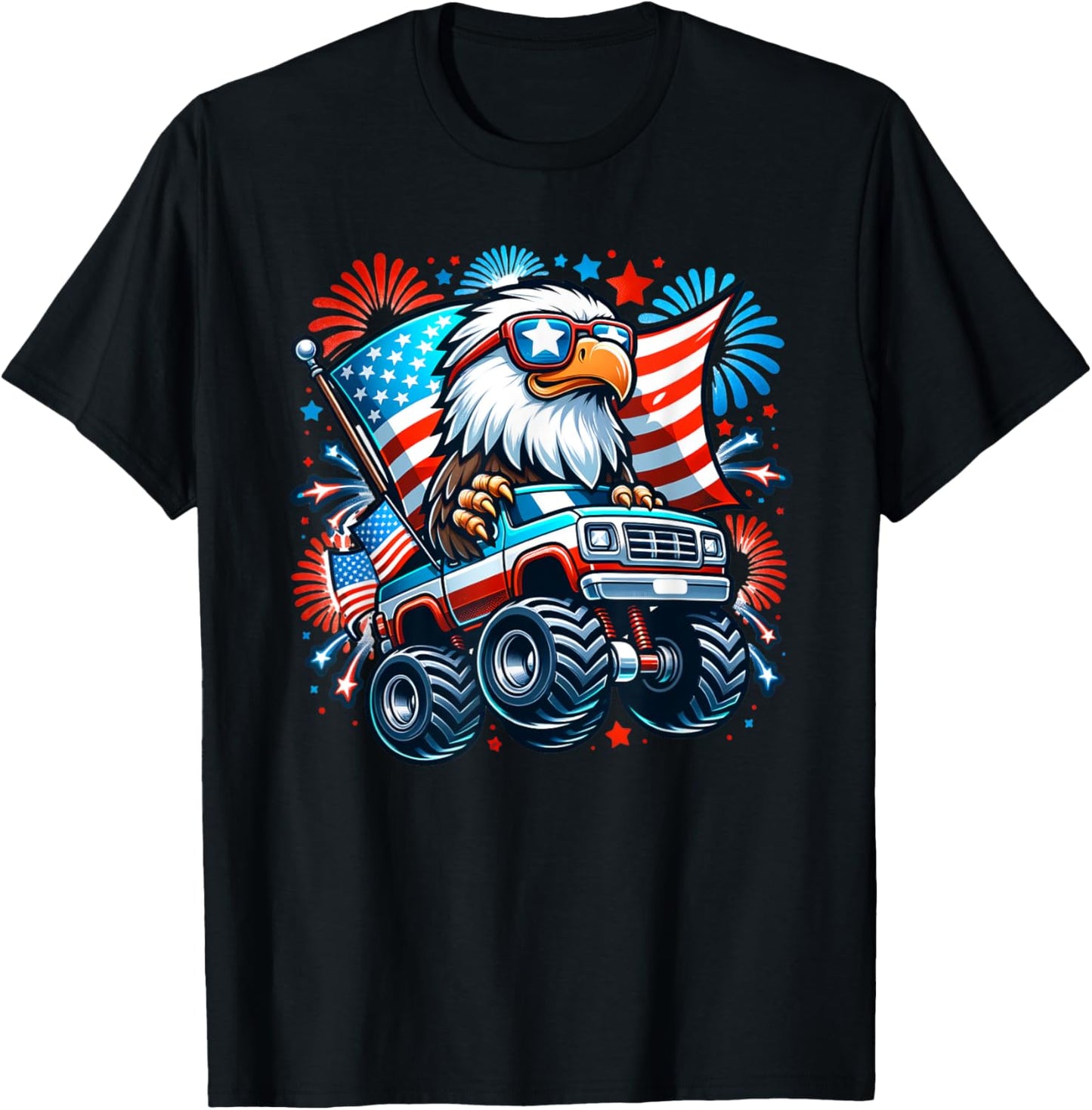 July 4th Bald Eagle Monster Truck USA American Flag Firework T-Shirt - T-Shirt | Black