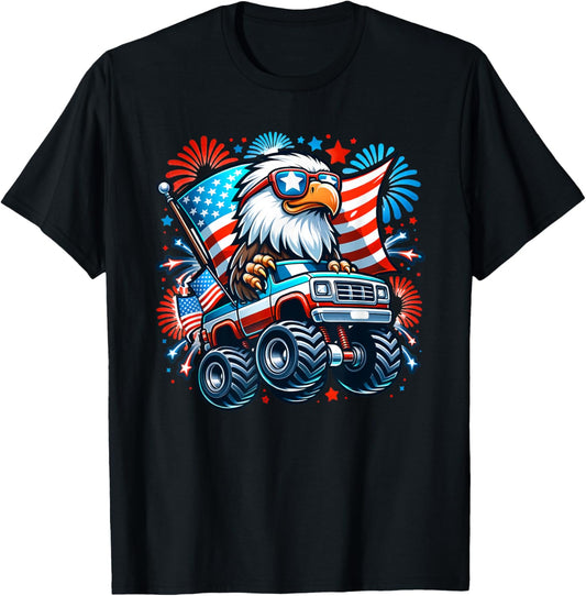 July 4th Bald Eagle Monster Truck USA American Flag Firework T-Shirt - T-Shirt | Black