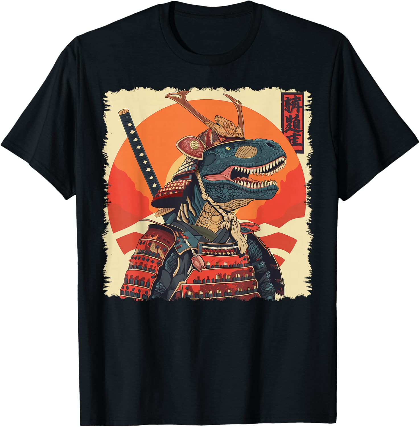 T-Rex Dinosaur Tyrannosaurus Rex Japanese Samurai Ukiyo-e T-Shirt - T-Shirt | Black