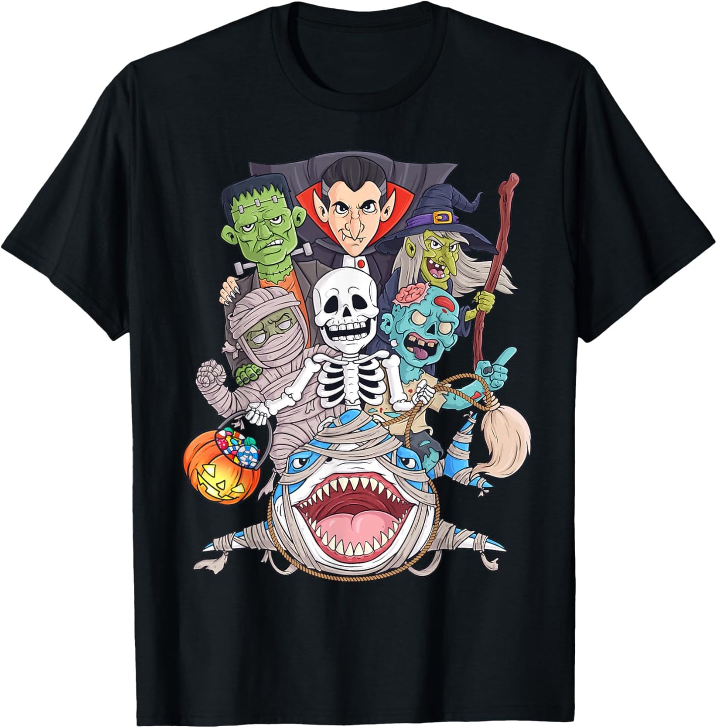 Skeleton Zombie Riding Mummy Shark Funny Halloween Pumpkin T-Shirt - T-Shirt | Black