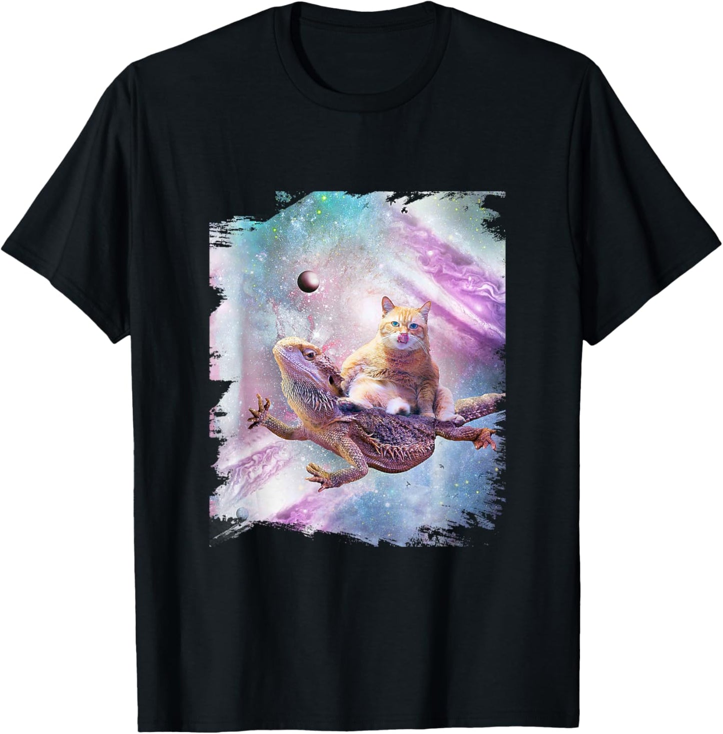 Bearded Dragon Lizard Riding Space Cat T-Shirt - T-Shirt | Black