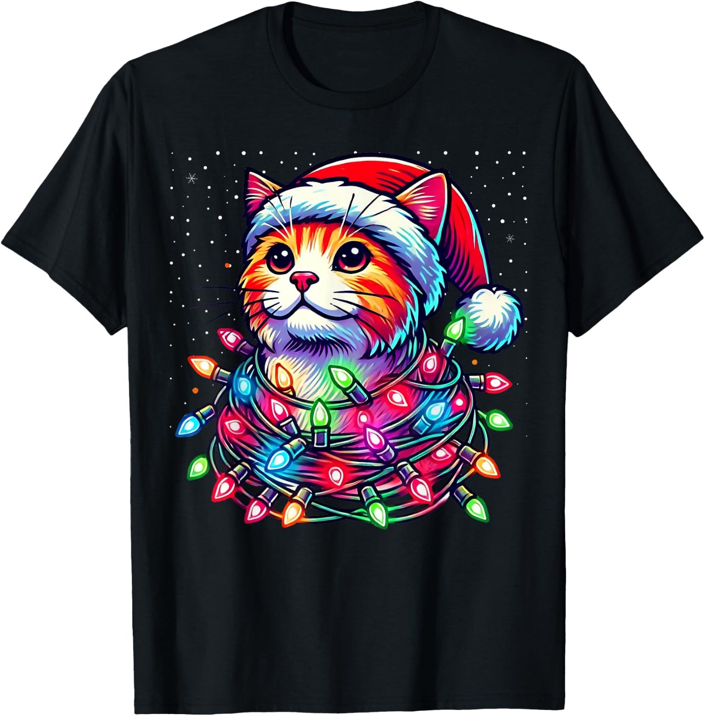 Santa Cat Tangled Up in Christmas Lights Funny Xmas Pajama T-Shirt - T-Shirt | Black