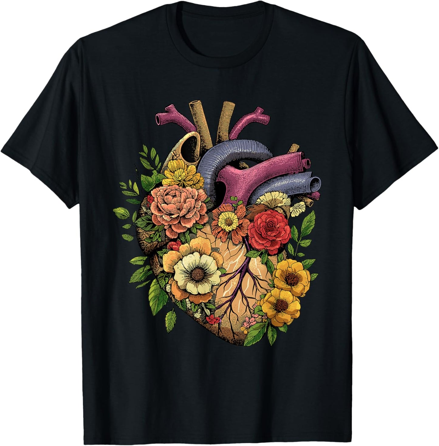 Anatomical Heart Shirt Floral Organ Cardiology Cardiac Nurse T-Shirt - T-Shirt | Black