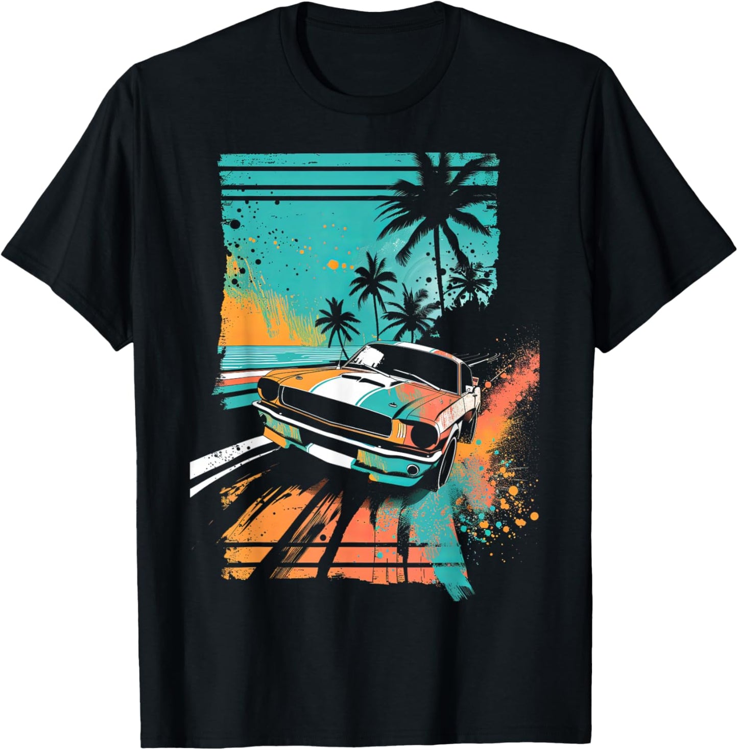 Vintage Car Teal Sunset Tropical Beach T-Shirt - T-Shirt | Black