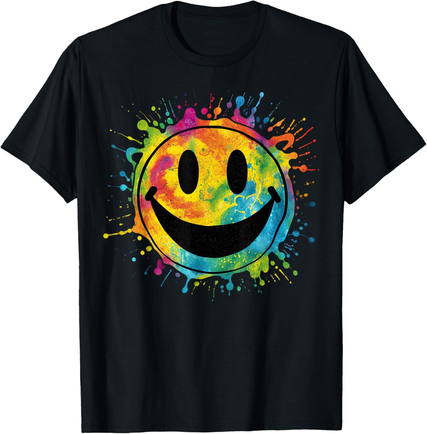 Retro Happy Face Rainbow Tie-dye Splatter – 70s Peace Smile T-Shirt - T-Shirt | Black