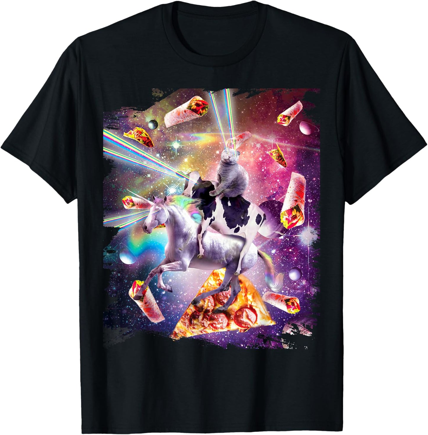 Laser Eye Space Cat on Cow Unicorn - Rainbow T-Shirt - T-Shirt | Black
