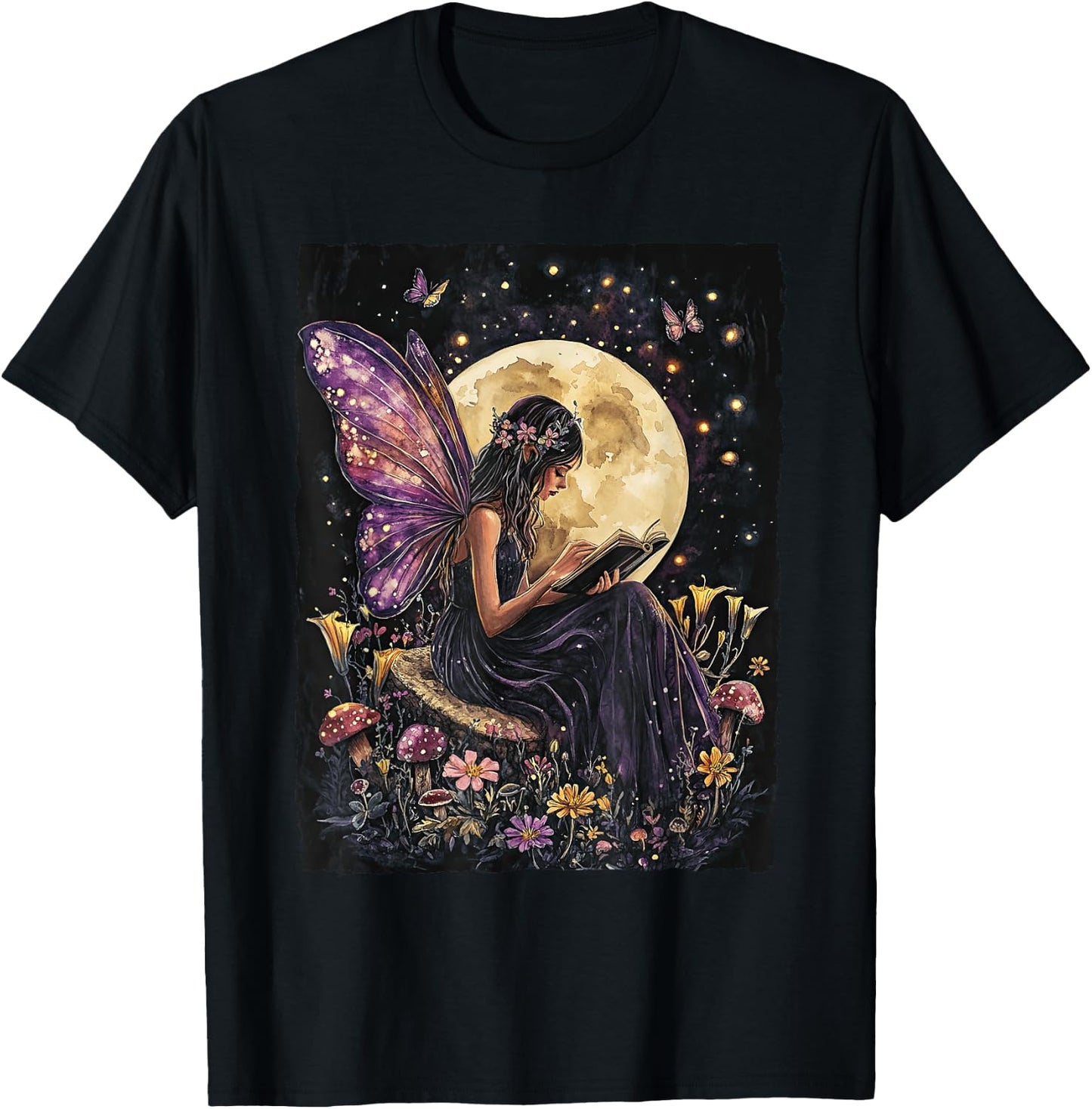 Whimsical Book Fairy Reading Bookish Fairycore T-Shirt - T-Shirt | Black