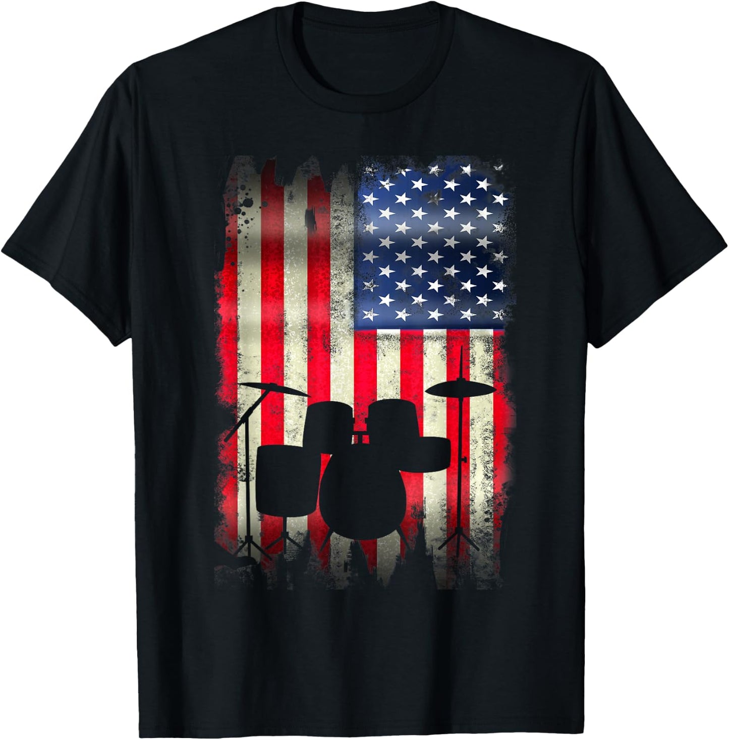 Drum Set USA American Flag 4th of July Patriotic Drummer T-Shirt - T-Shirt | Black
