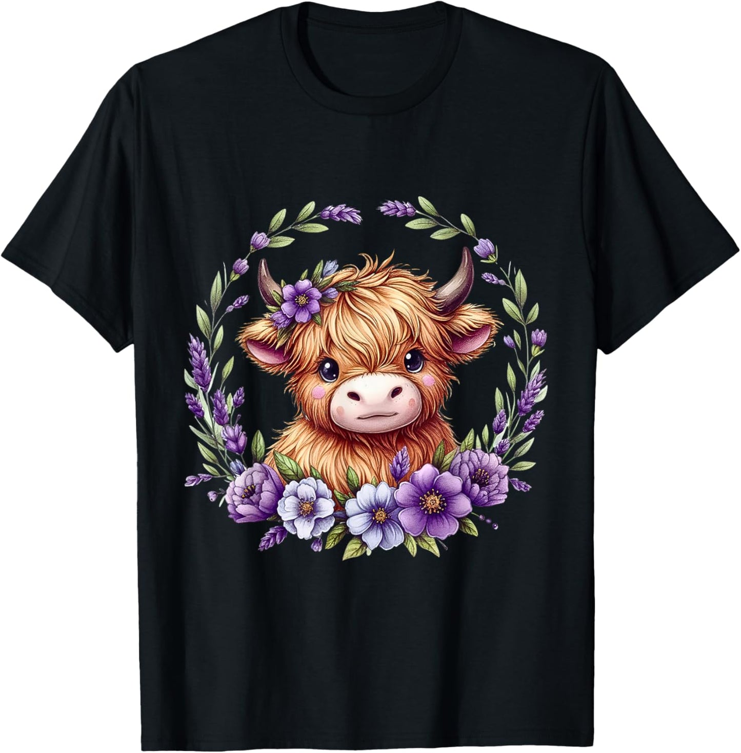 Baby Highland Cow with Purple Flowers Scottish Farm T-Shirt - T-Shirt | Black