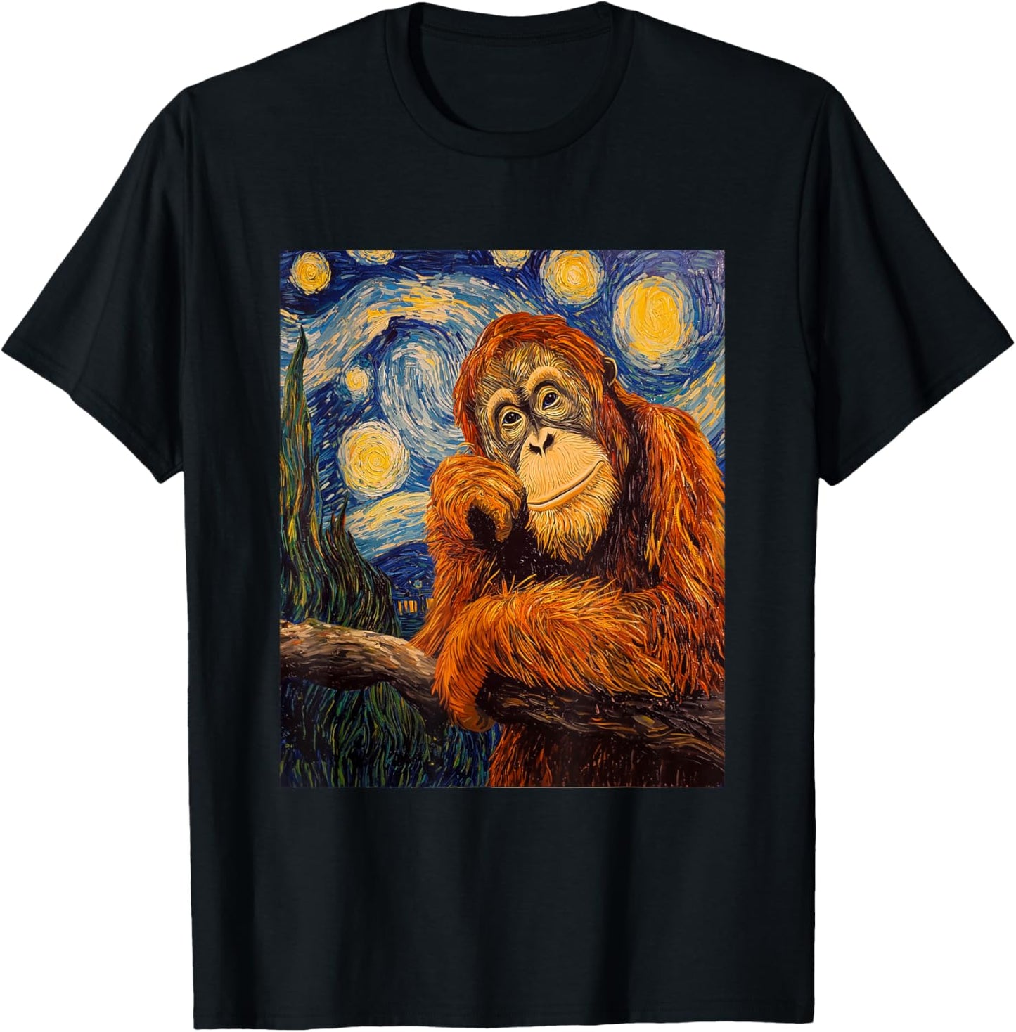 Funny Orangutan Monkey - Van Gogh Style - Starry Night T-Shirt - T-Shirt | Black