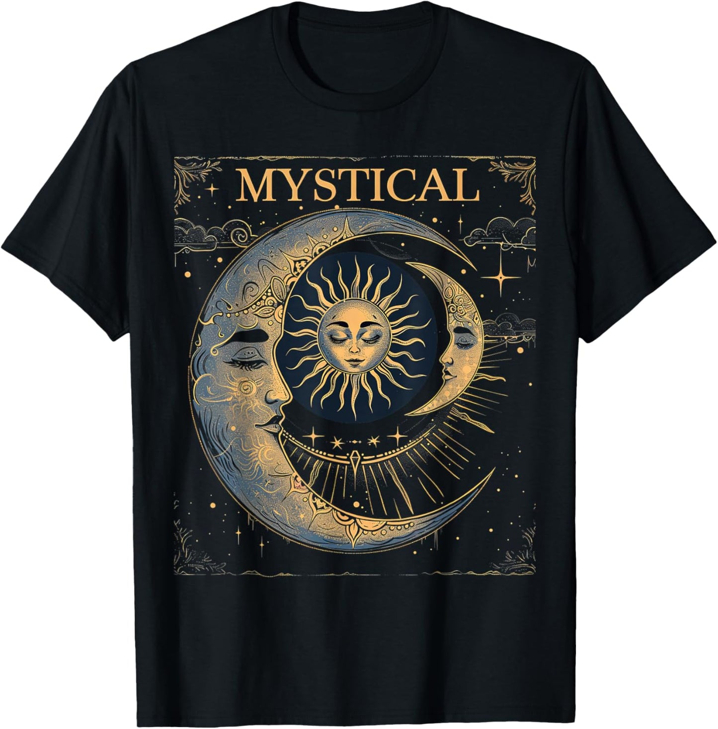 Mystical Sun and Moon Woman Mystic Flowers Aesthetic T-Shirt - T-Shirt | Black