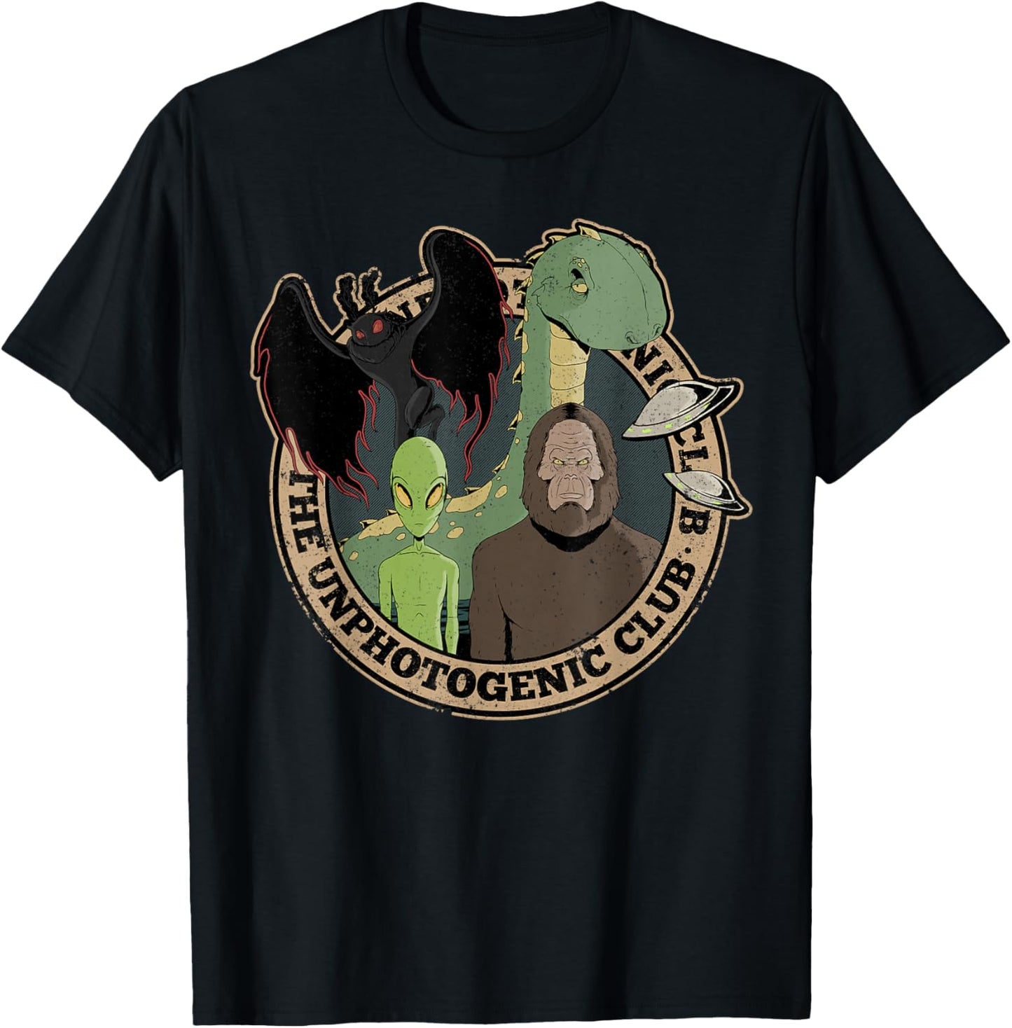 Unphotogenic Club Cryptid Alien Bigfoot Mothman Loch Ness T-Shirt - T-Shirt | Black