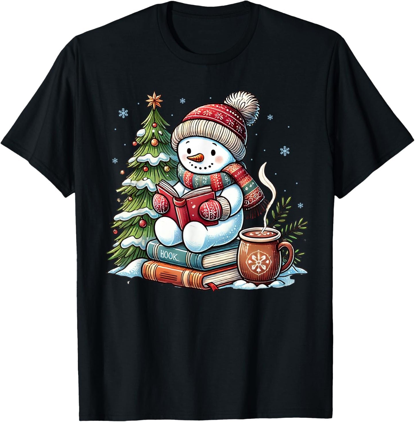Snowman Reading Book Lovers Christmas Librarian Bookworm T-Shirt - T-Shirt | Black