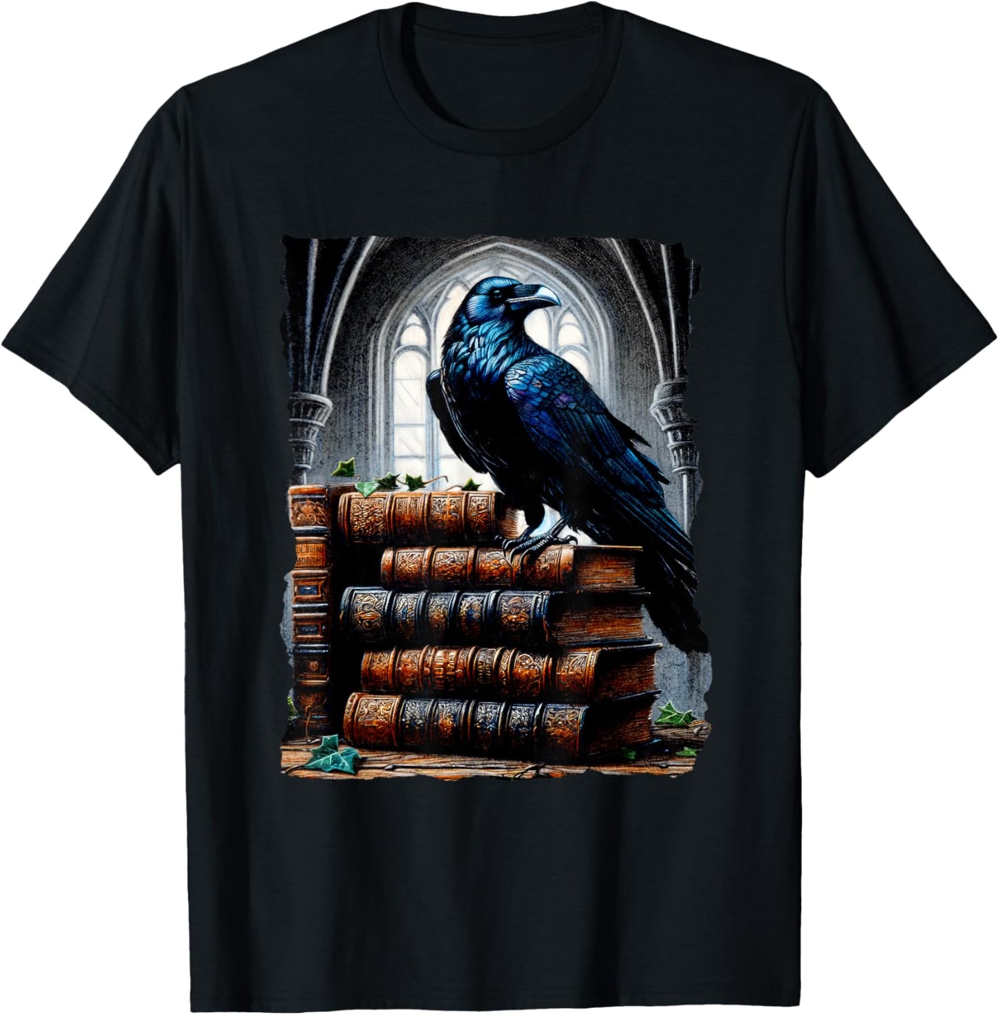 Raven On A Stack Of Books - Wisdom Of Odin T-Shirt - T-Shirt | Black