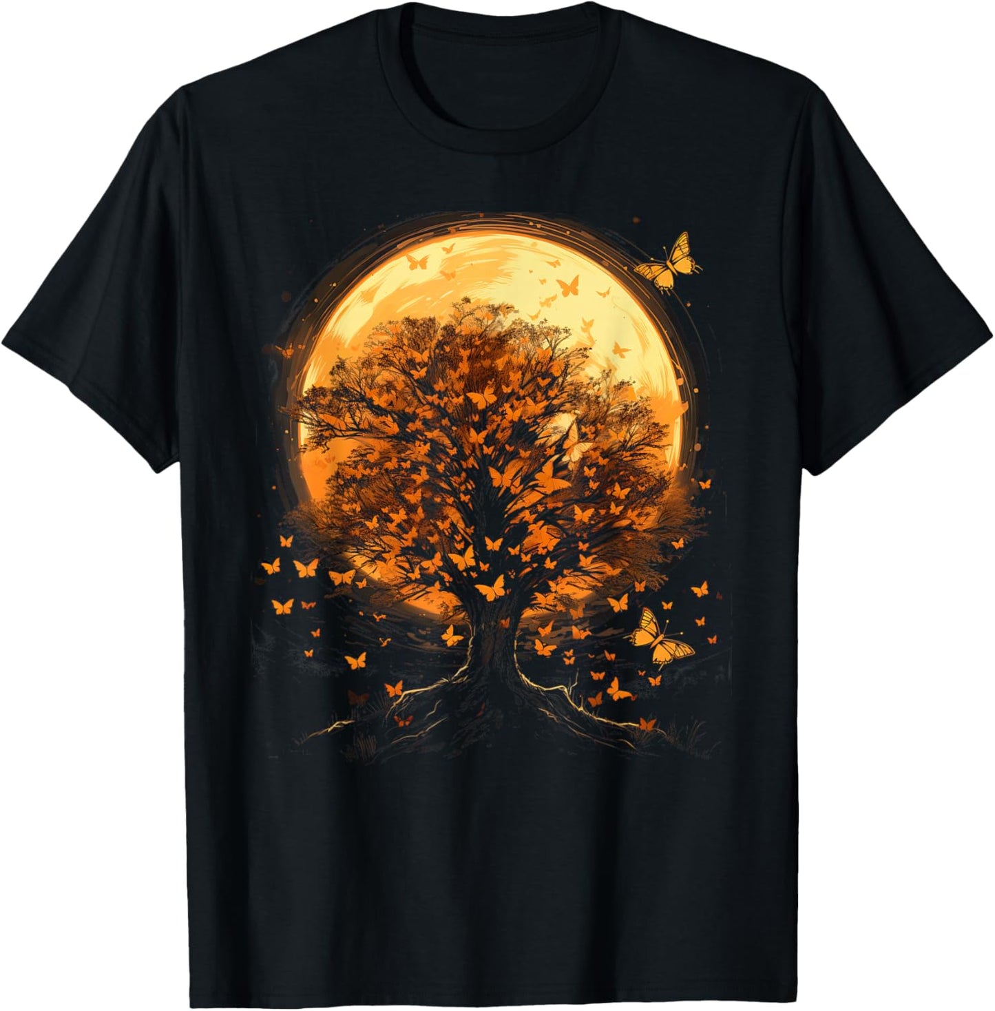 Fall Autumn falling leaves with Tree and Butterfly T-Shirt - T-Shirt | Black