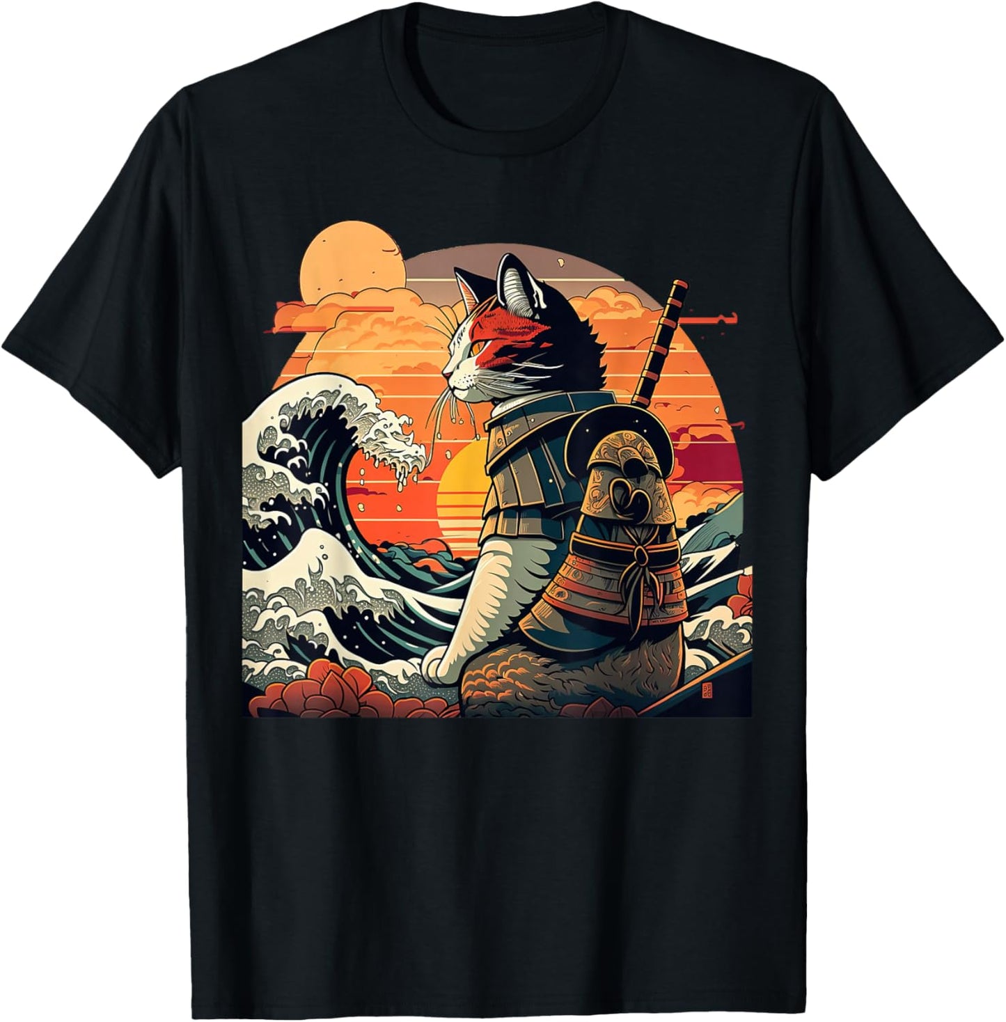Japanese Retro Samurai cat The Great Wave by Hokusai T-Shirt - T-Shirt | Black