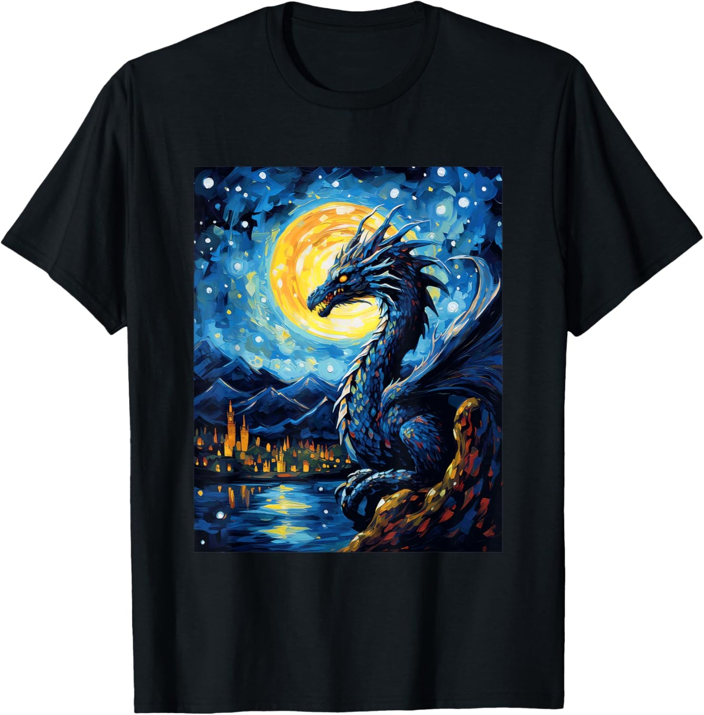 Dragon Starry Night Van Gogh Dragon Lover Art T-Shirt - T-Shirt | Black