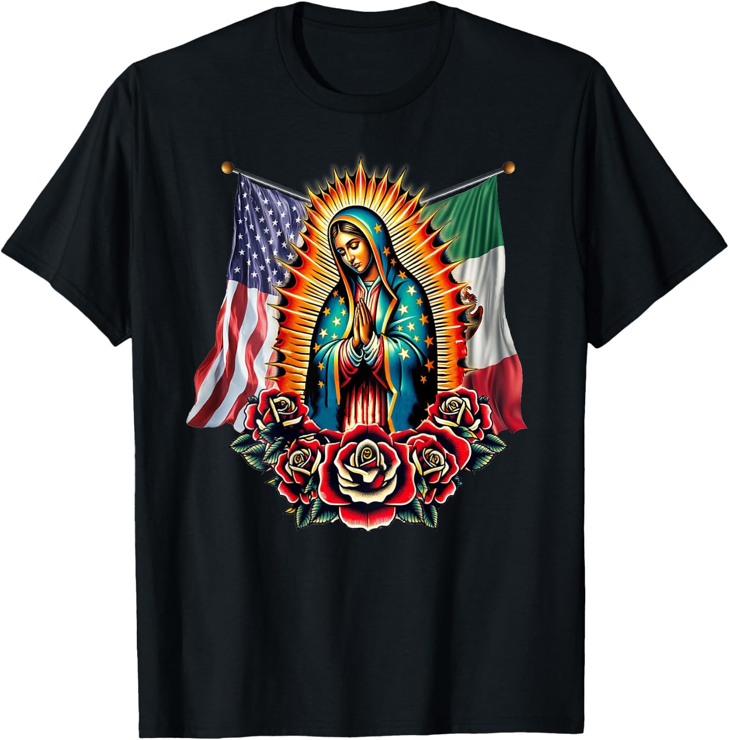 Virgen De Guadalupe Virgin Mary Mexican American Flag T-Shirt - T-Shirt | Black