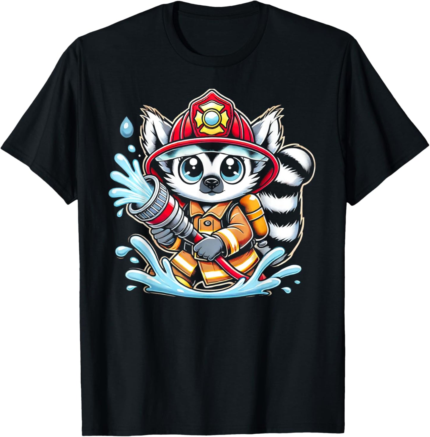 Cute Cartoon Lemur Firefighter Fireman For Children T-Shirt - T-Shirt | Black