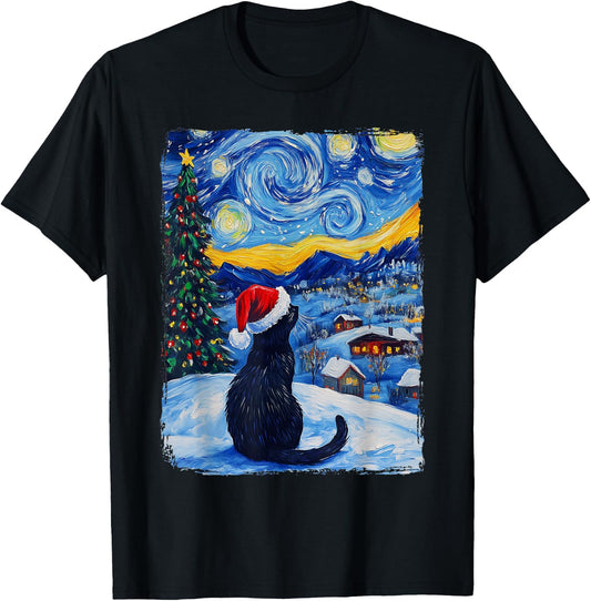 Cat Starry Night Christmas T-Shirt - T-Shirt | Black