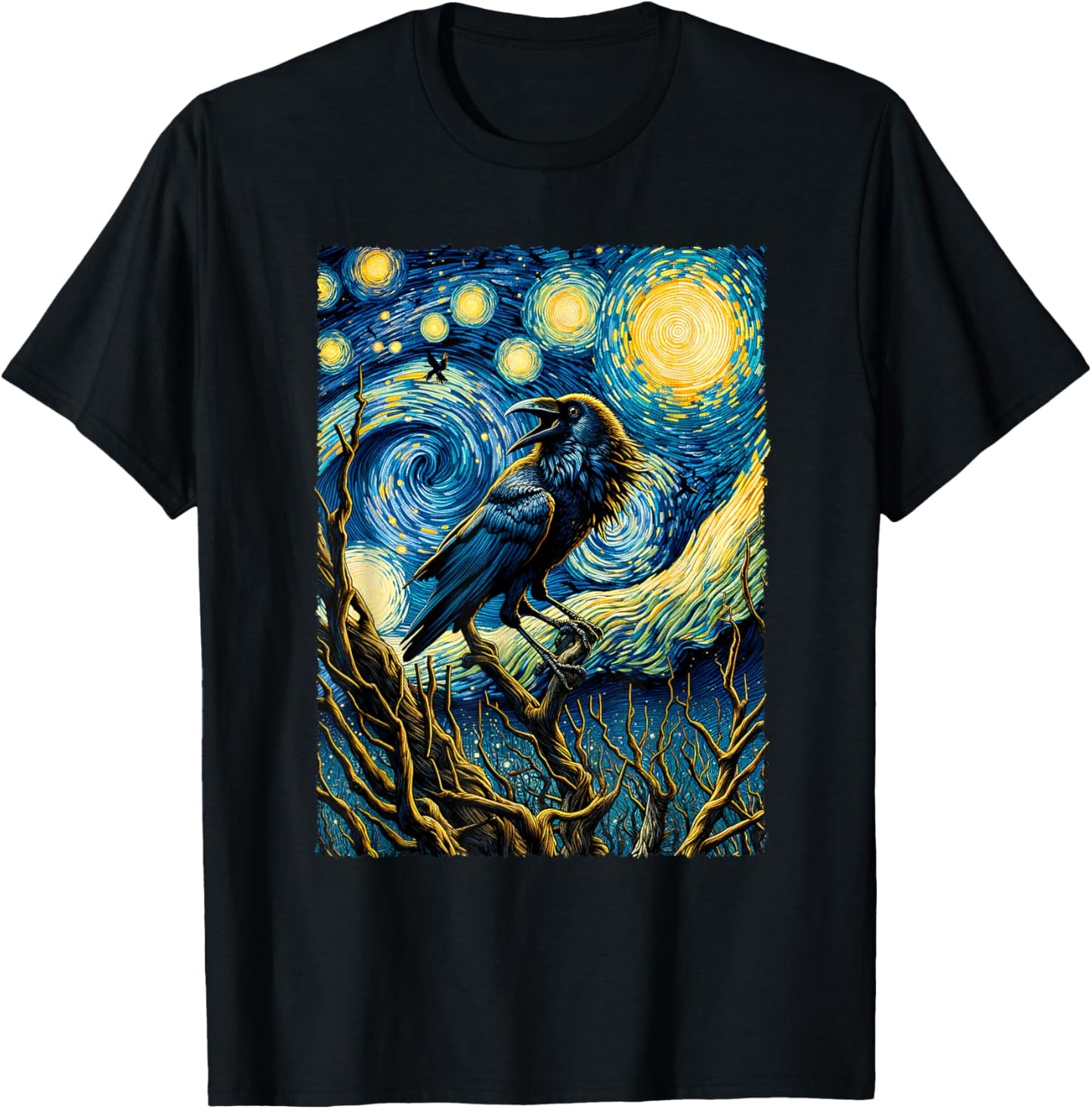 Crow Starry Night Funny Mystical Crow T-Shirt - T-Shirt | Black