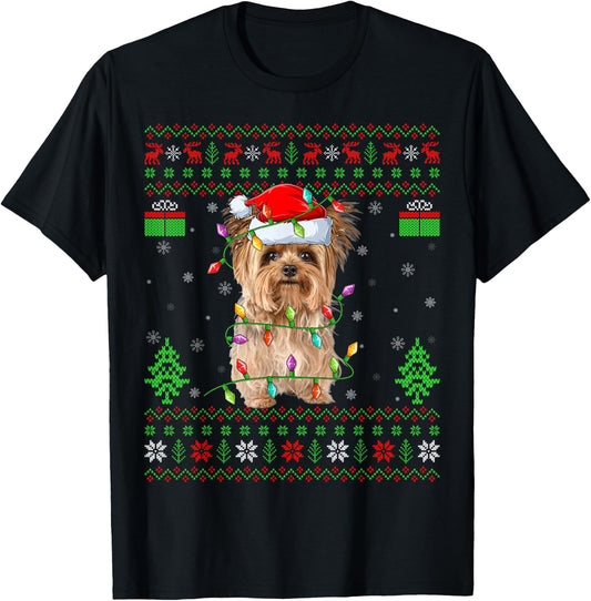 Yorkie Dog Ugly Xmas Lighting Santa Yorkie Dog Christmas T-Shirt - T-Shirt | Black