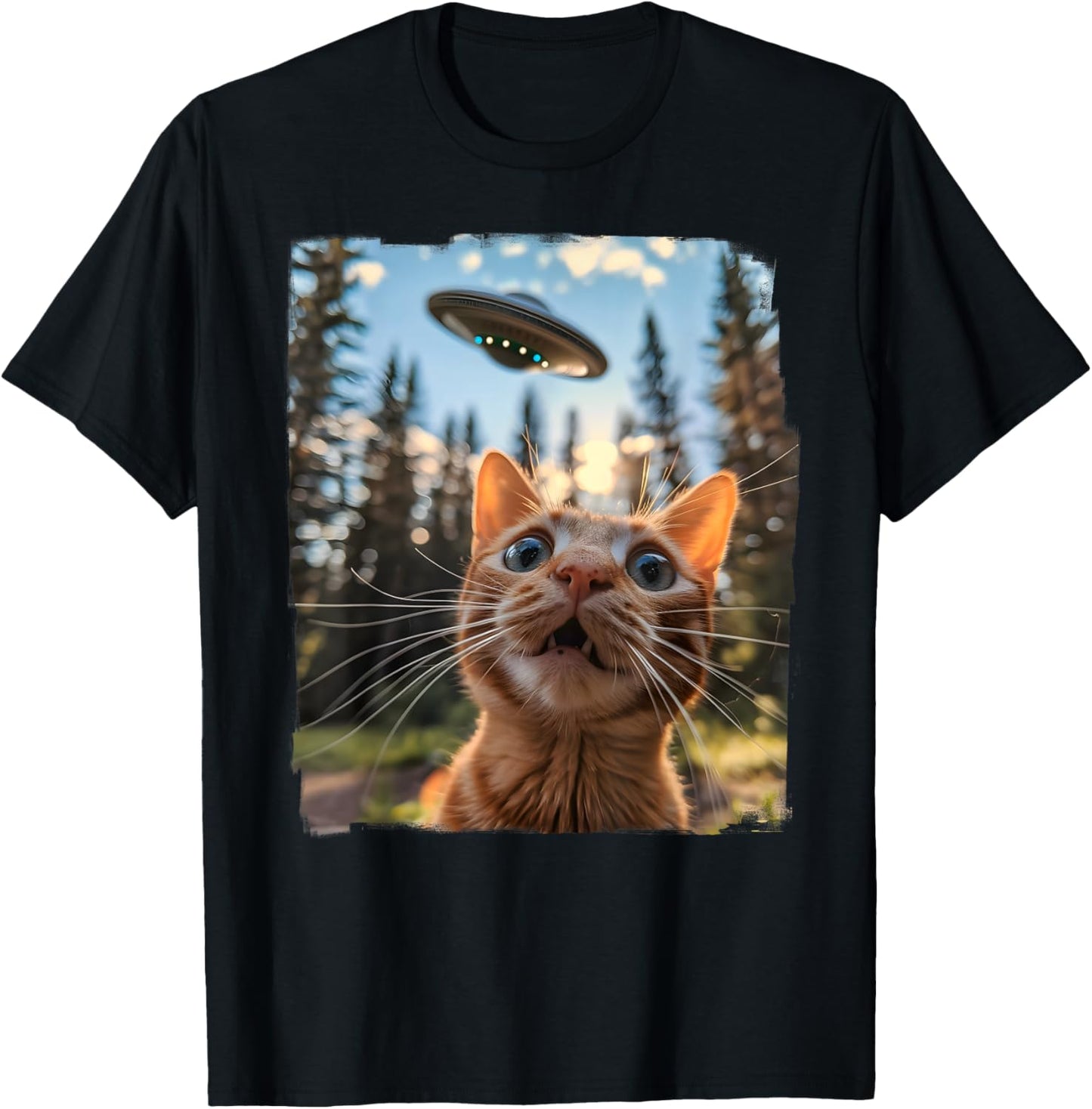 Extraterrestrial Encounter: Cat Selfie with Alien UFO Men Women Kids T-Shirt - T-Shirt | Black
