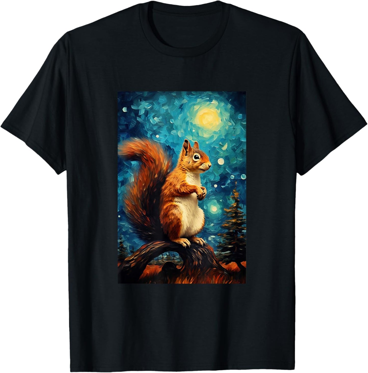 Cute Squirrel - Van Gogh Style - Starry Night T-Shirt - T-Shirt | Black