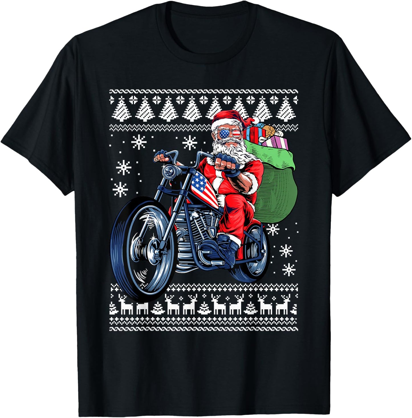 Santa Claus With Motorcycle Xmas Tree Ugly Christmas Sweater T-Shirt - T-Shirt | Black