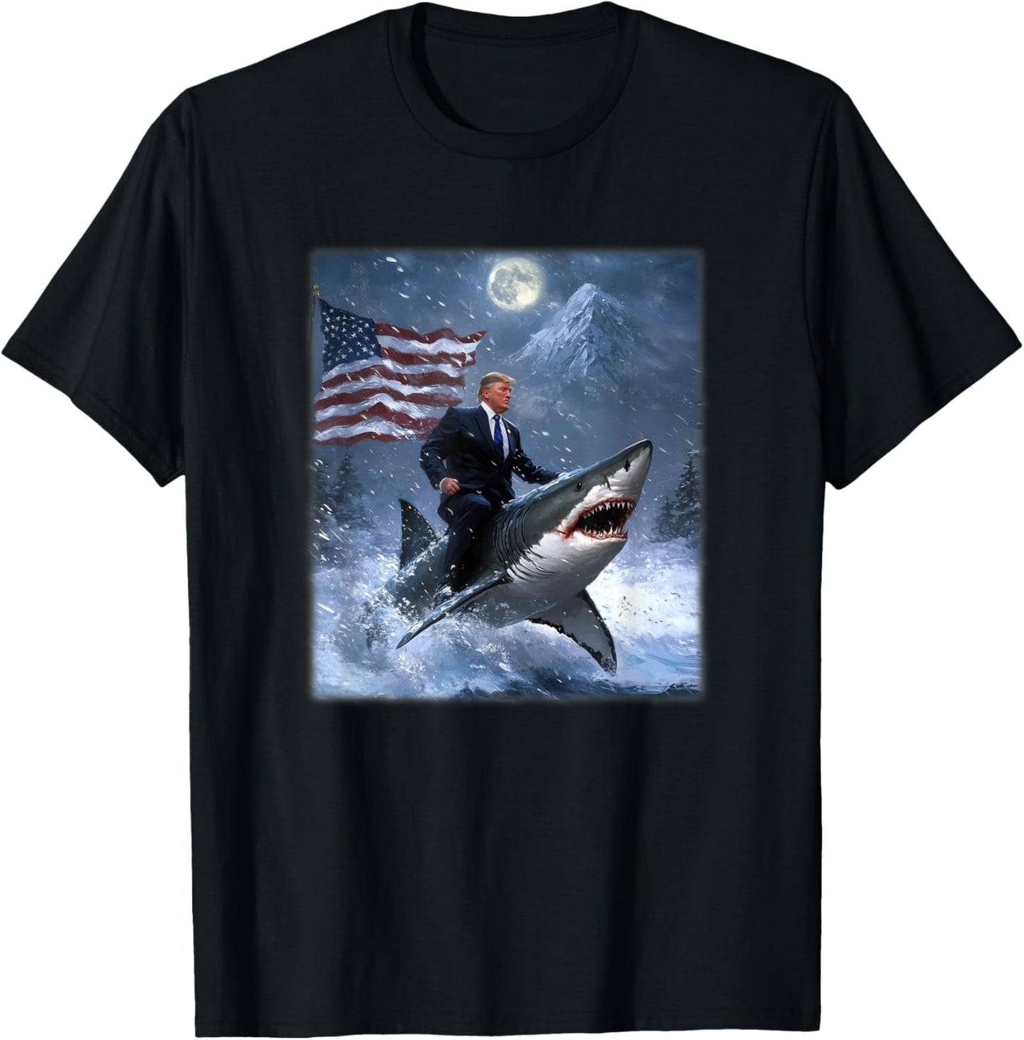 Donald Trump 2024 Riding A Shark American Flag T-Shirt - T-Shirt | Black