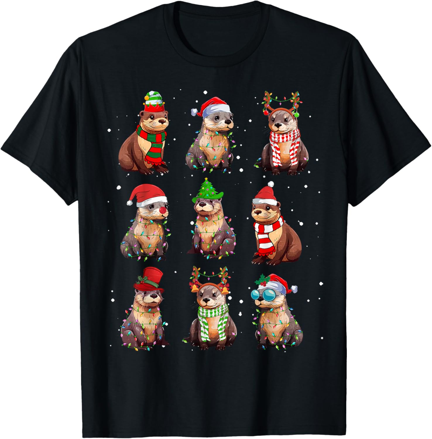 Otters Christmas Lights Decoration Funny Sea Otter Xmas Gift T-Shirt - T-Shirt | Black