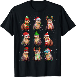Otters Christmas Lights Decoration Funny Sea Otter Xmas Gift T-Shirt - T-Shirt | Black