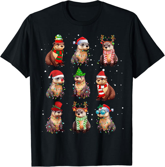 Otters Christmas Lights Decoration Funny Sea Otter Xmas Gift T-Shirt - T-Shirt | Black