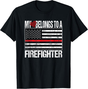 Red Line Flag Fireman Wife My Heart Belongs to a Firefighter T-Shirt - T-Shirt | Black