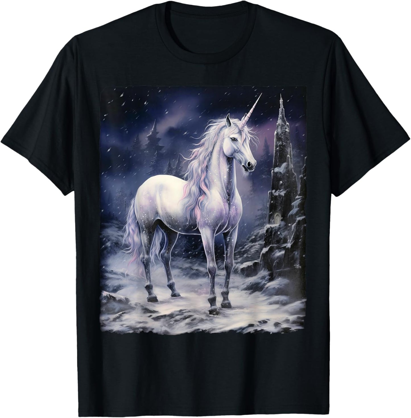 Fantasy white Unicorn standing on snowy mountain T-Shirt - T-Shirt | Black