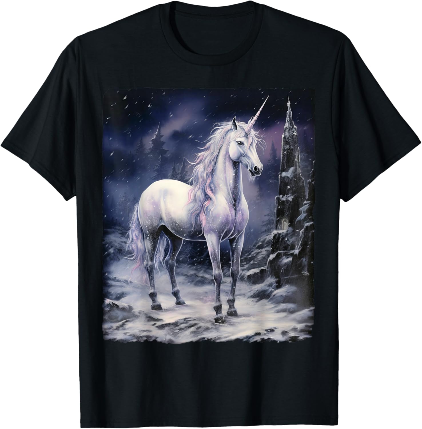 Fantasy white Unicorn standing on snowy mountain T-Shirt - T-Shirt | Black