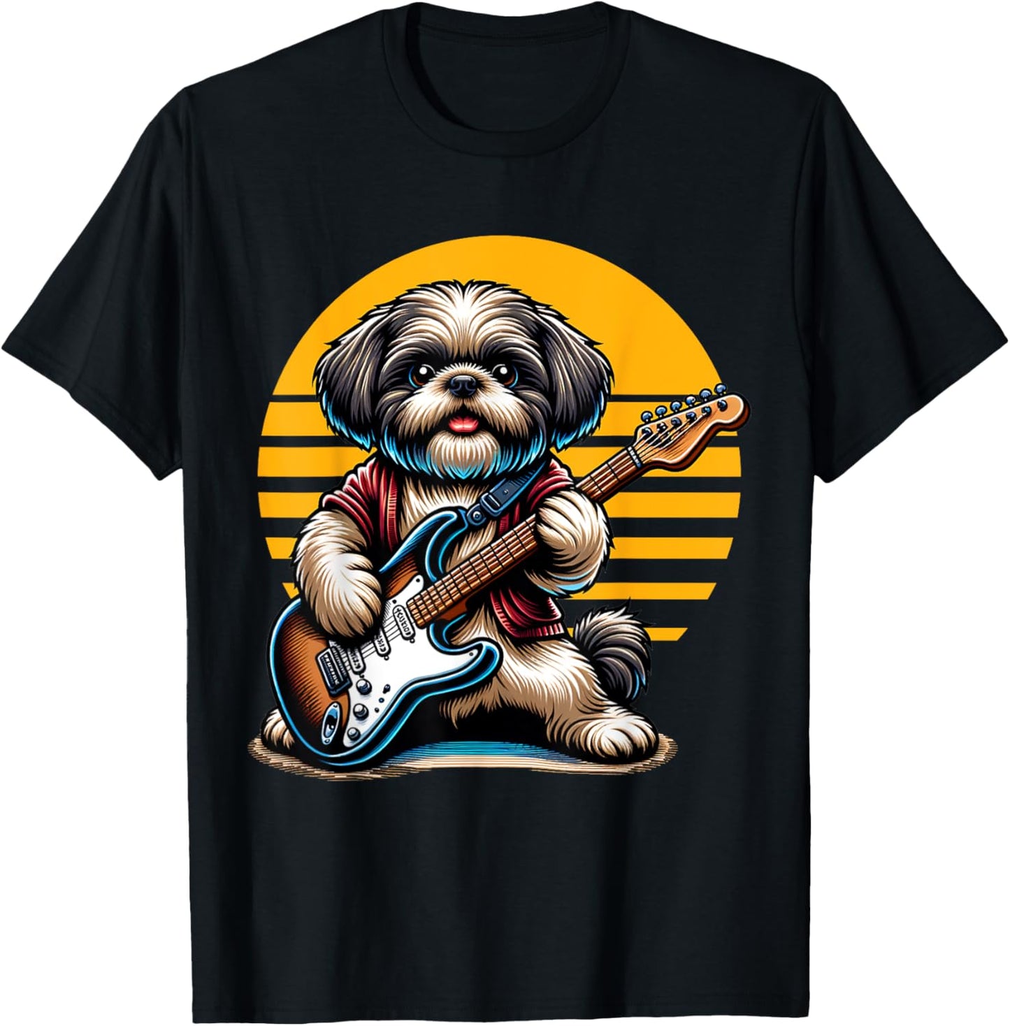 Funny Shih Tzu dog playing Electric Guitar. Shih Tzu Lover Women Kids T-Shirt - T-Shirt | Black
