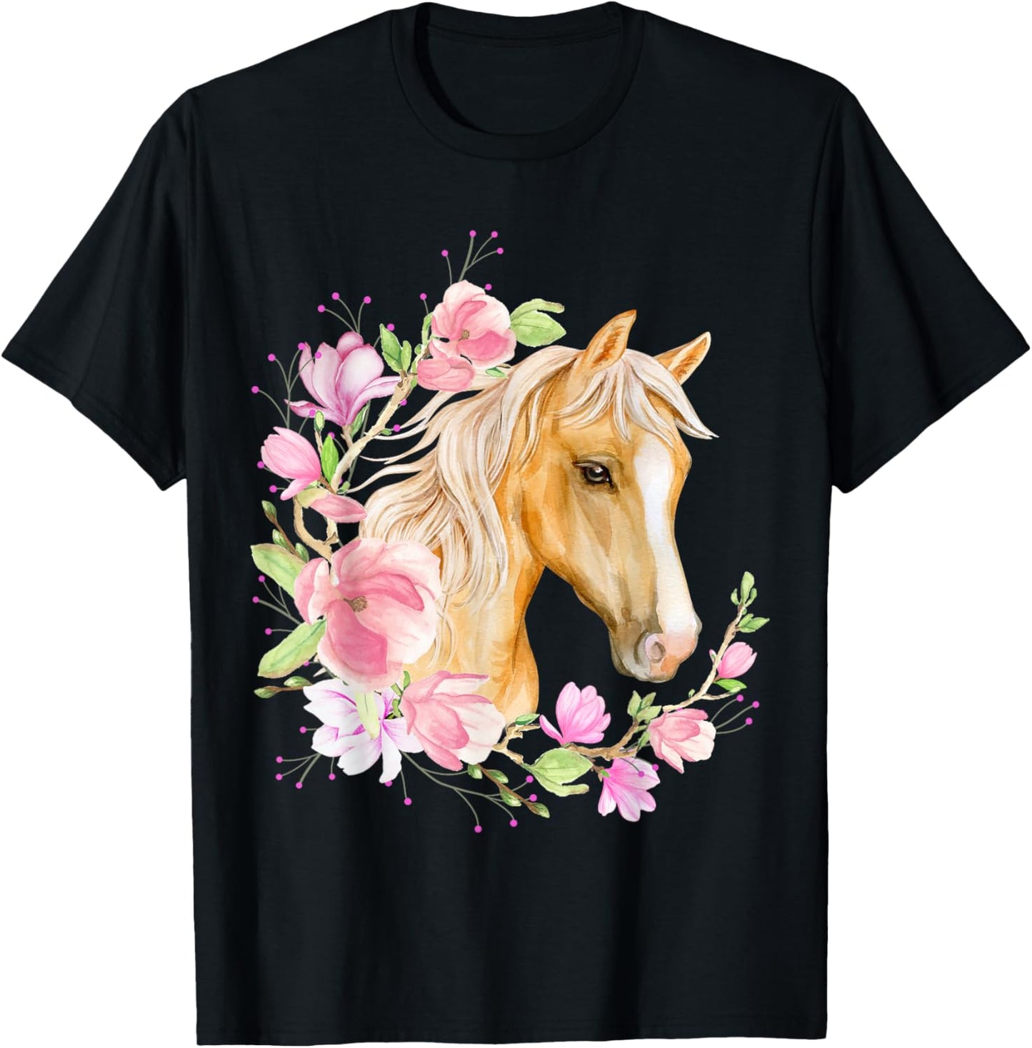 Palomino Horse, Magnolias, Horse Lovers, Blonde Horse Floral T-Shirt - T-Shirt | Black