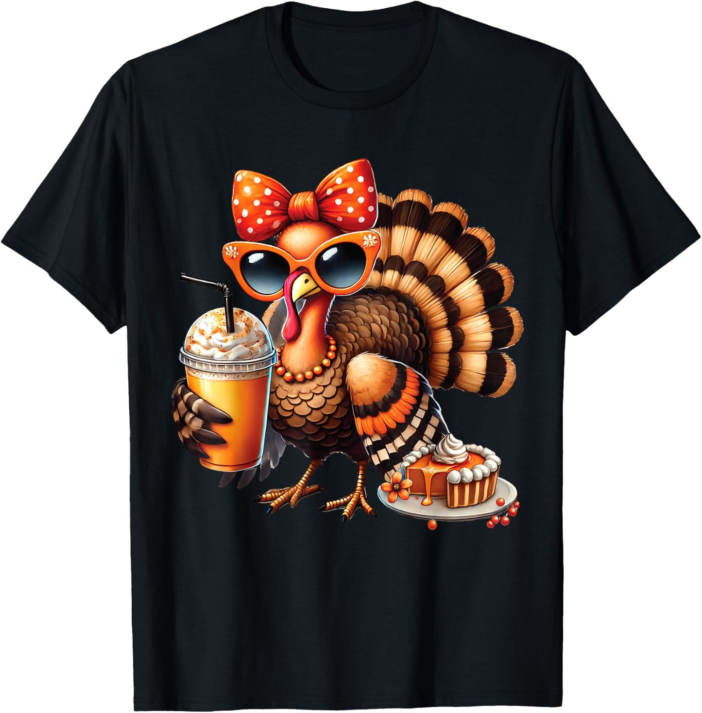 Turkey Drinking Coffee Bow Thanksgiving Turkey Day T-Shirt - T-Shirt | Black