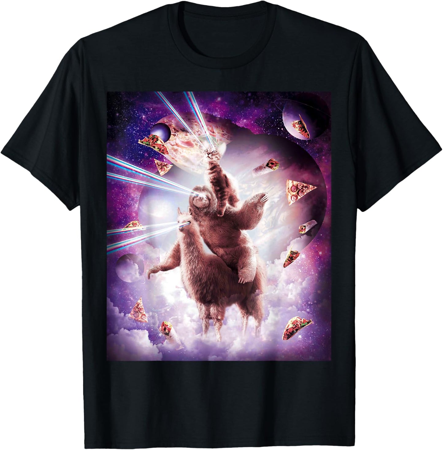 Laser Eyes Space Cat Riding Sloth, Llama - Rainbow T-Shirt - T-Shirt | Black