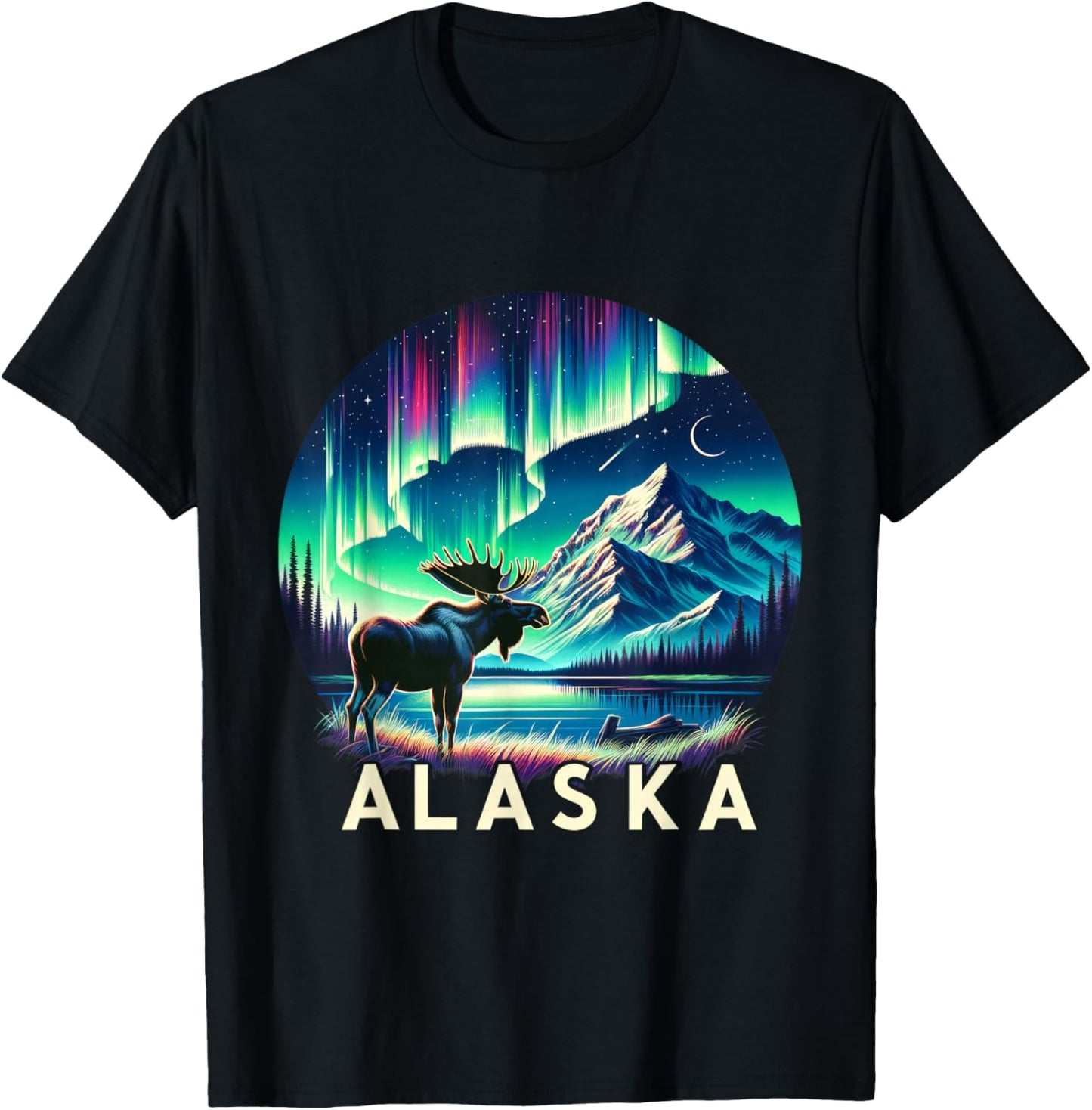 Alaska Northern Lights Aurora Viewing Moose Vacation Alaska T-Shirt - T-Shirt | Black
