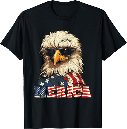 Merica USA American Flag Patriotic 4th of July Bald Eagle T-Shirt - T-Shirt | Black