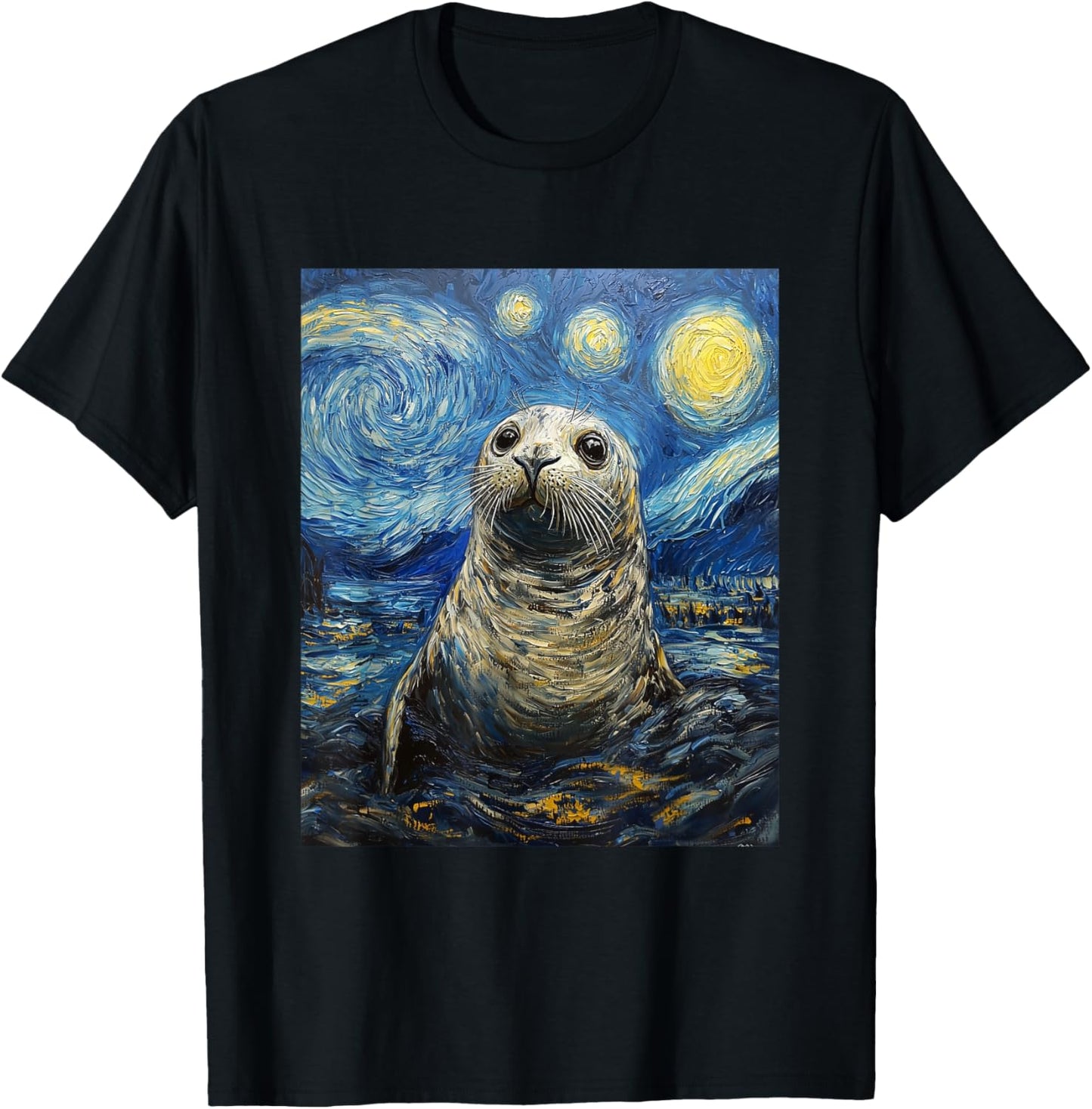 Cute Seal Sea Lion - Van Gogh Style - Starry Night Graphic T-Shirt - T-Shirt | Black