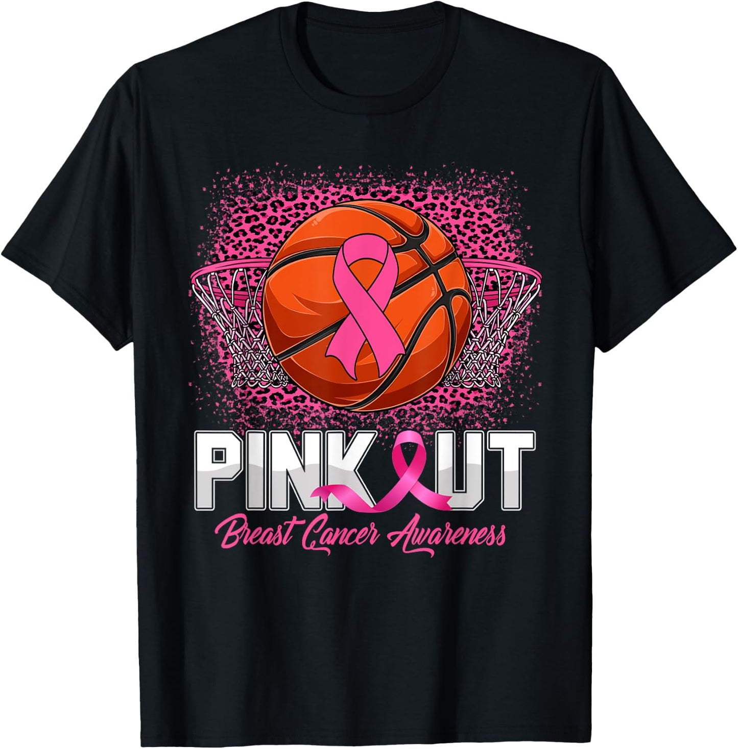 Pink Out Breast Cancer Awareness Basketball Leopard Bleached T-Shirt - T-Shirt | Black